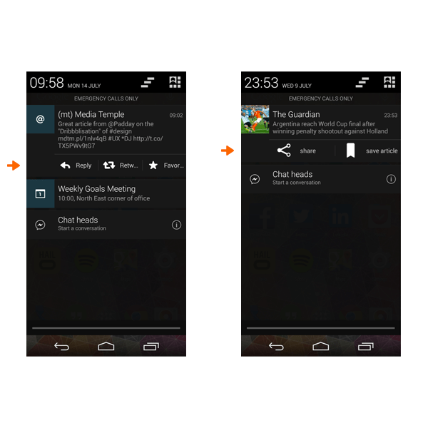 Android screen direct action in notification center