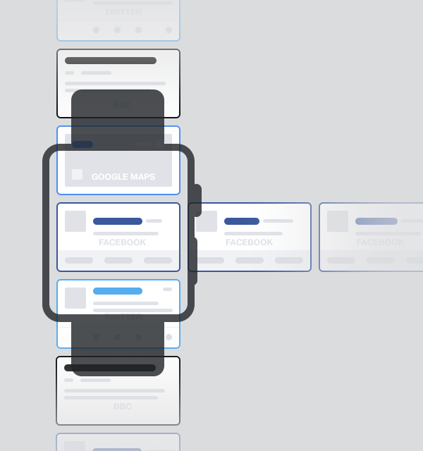 future of apps: horizontal stream of cards, Facebook posts example on smart watch