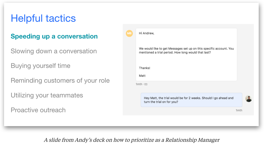 A slide from Andy's deck on how to prioritize as a Relationship Manager