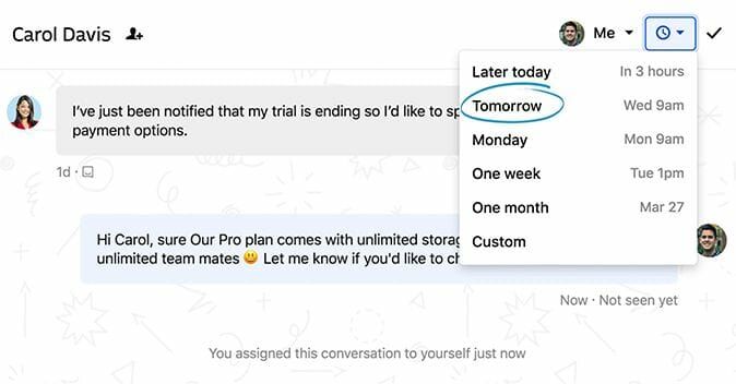 Intercom Snooze feature use to better follow up with customers