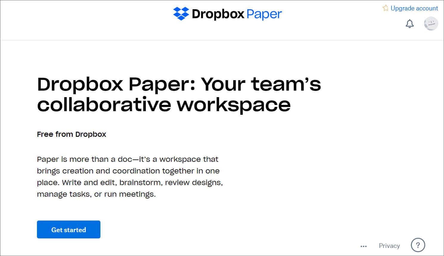 Dropbox Paper welcome page