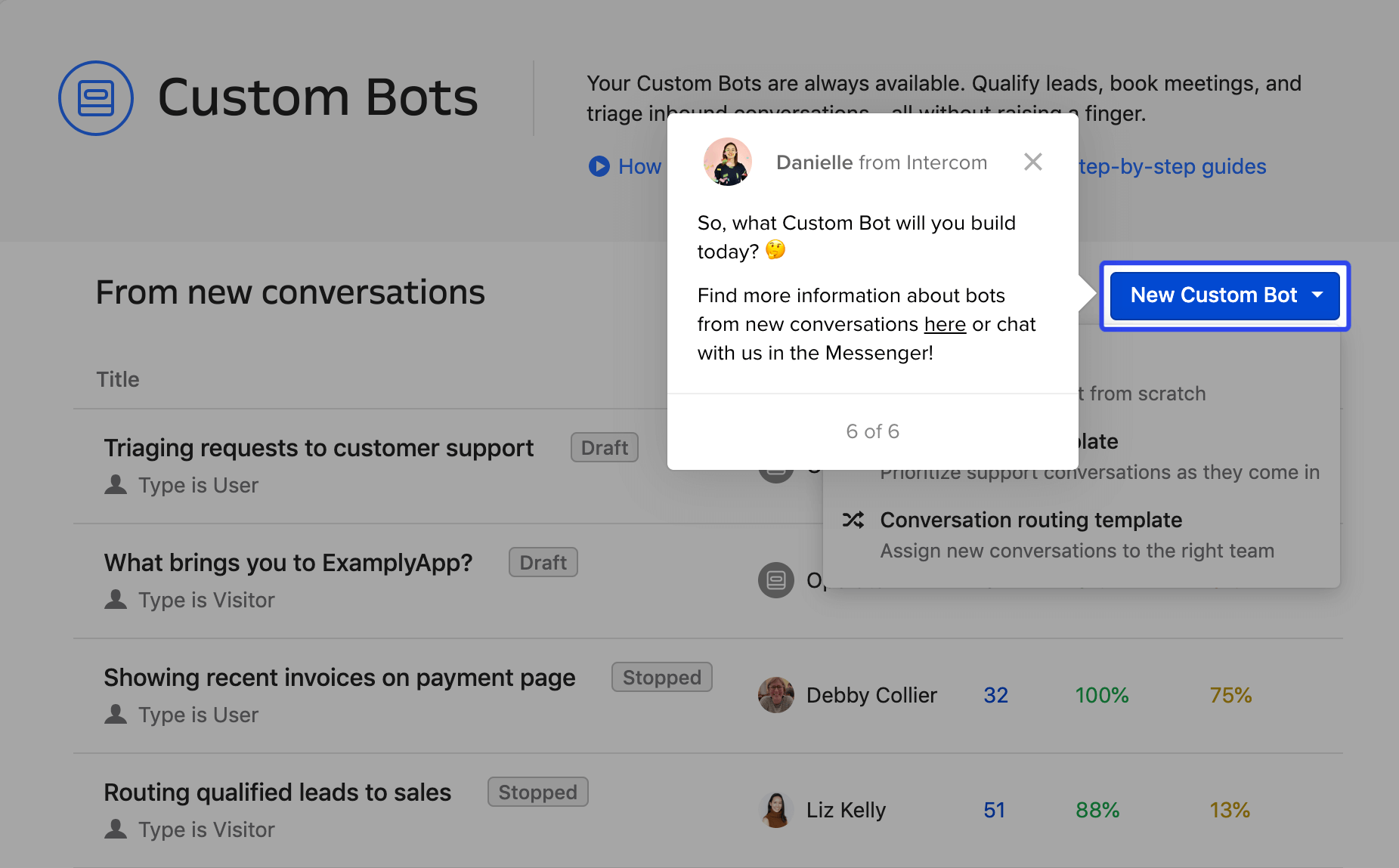 An example of how we share articles in Product Tours – in this case, onboarding customers to Custom Bots.