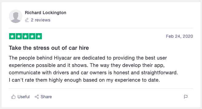 Hiyacar positive customer review