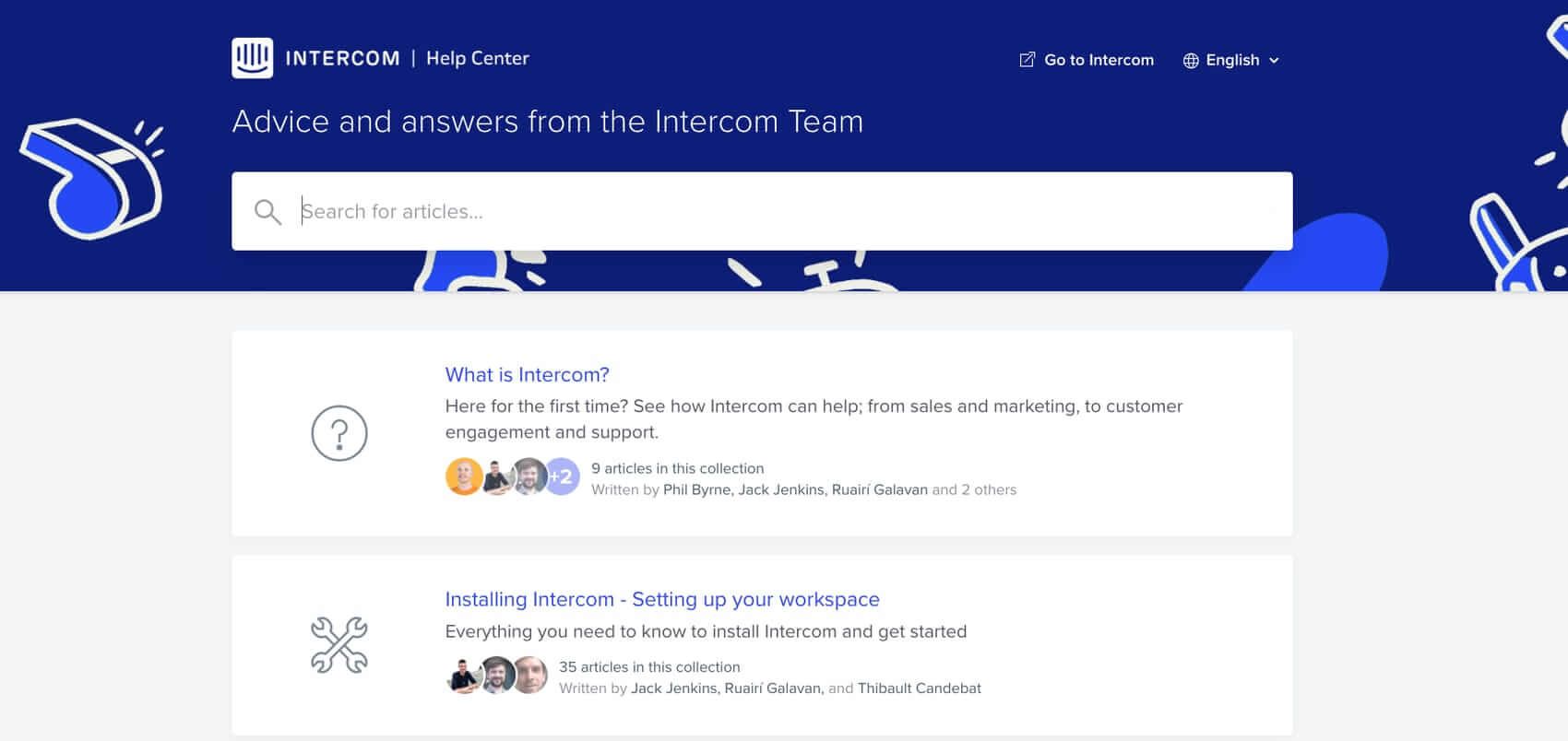 Intercom's knowledge base article collections