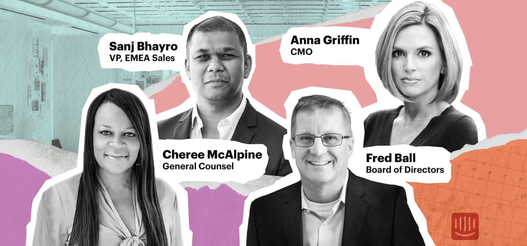 Intercom Executive Hires announcement – Cheree McAlpine, Sanj Bhayro, Fred Ball, and Anna Griffin