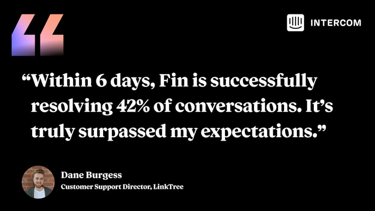 “Within 6 days, Fin is successfully resolving 42% of conversations. It’s truly surpassed my expectations.” Dane Burgess, Customer Support Director, LinkTree