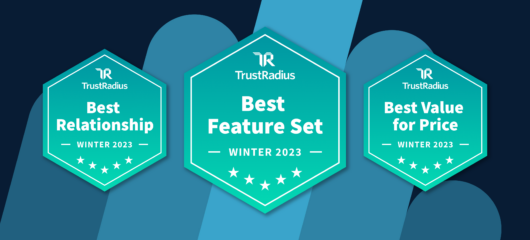 TrustRadius "Best of" awards hero image: "Best relationship," "Best Feature Set," and "Best Value for Price" badges